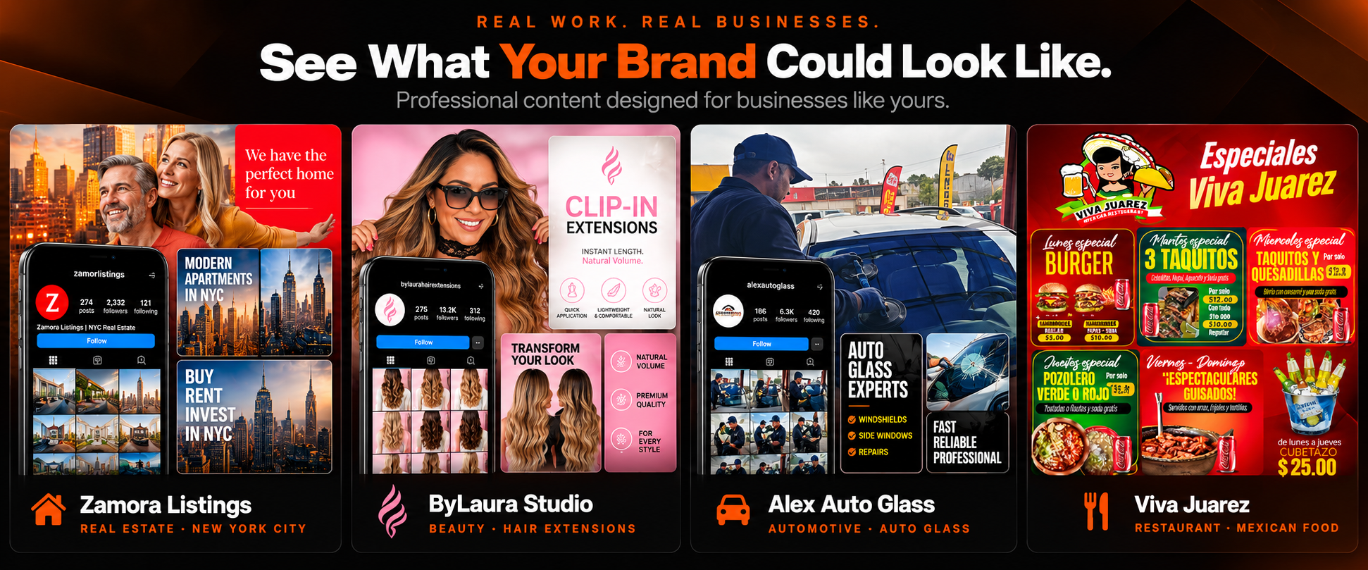 IOKZ Studio social media portfolio featuring Zamora Listings, ByLaura Studio, Alex Auto Glass and Viva Juarez